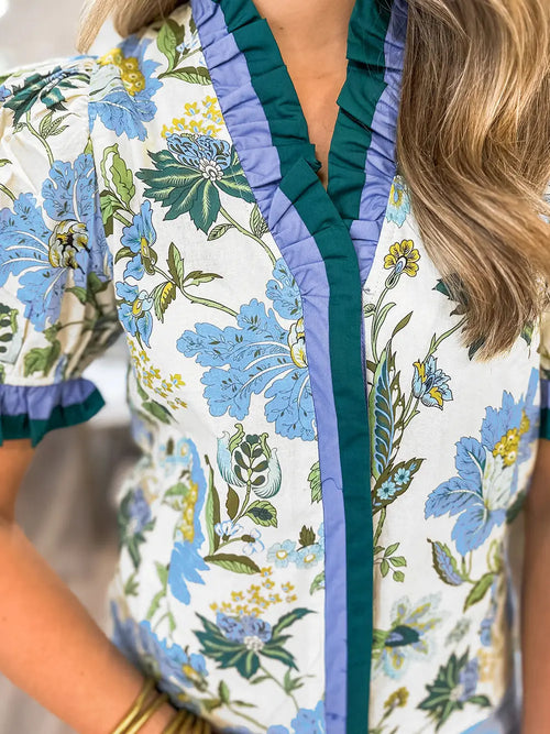 Blue Floral Frill Top
