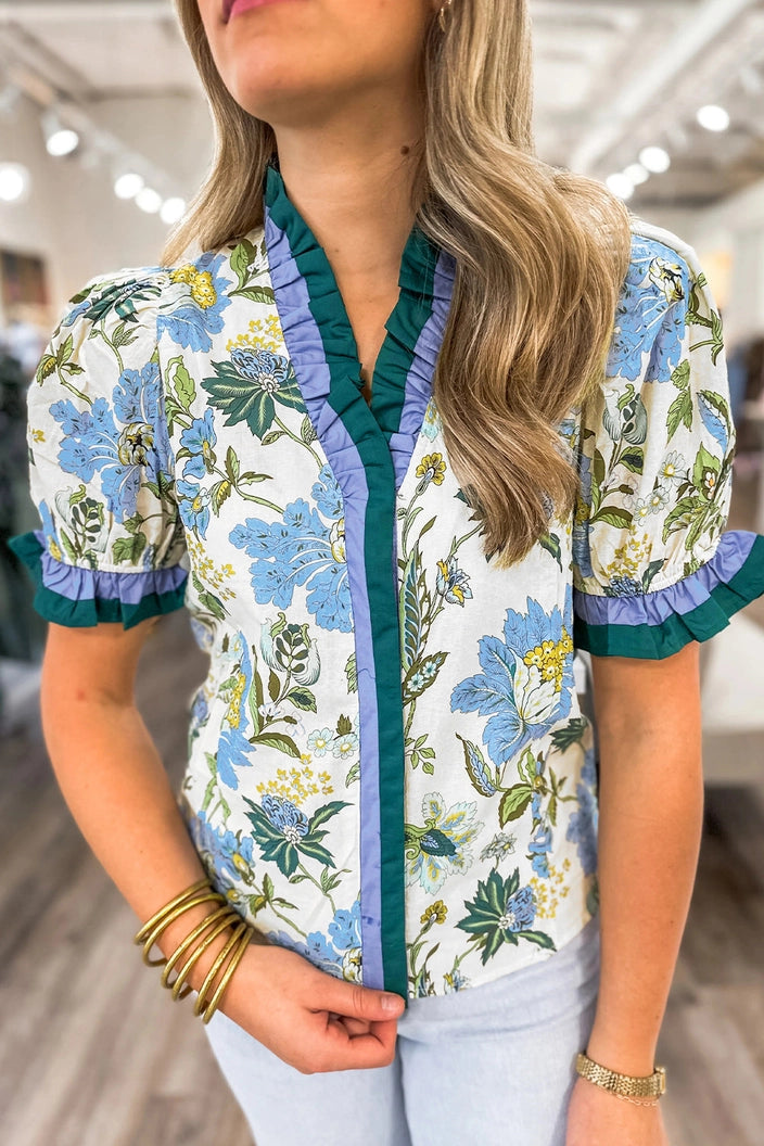 Blue Floral Frill Top